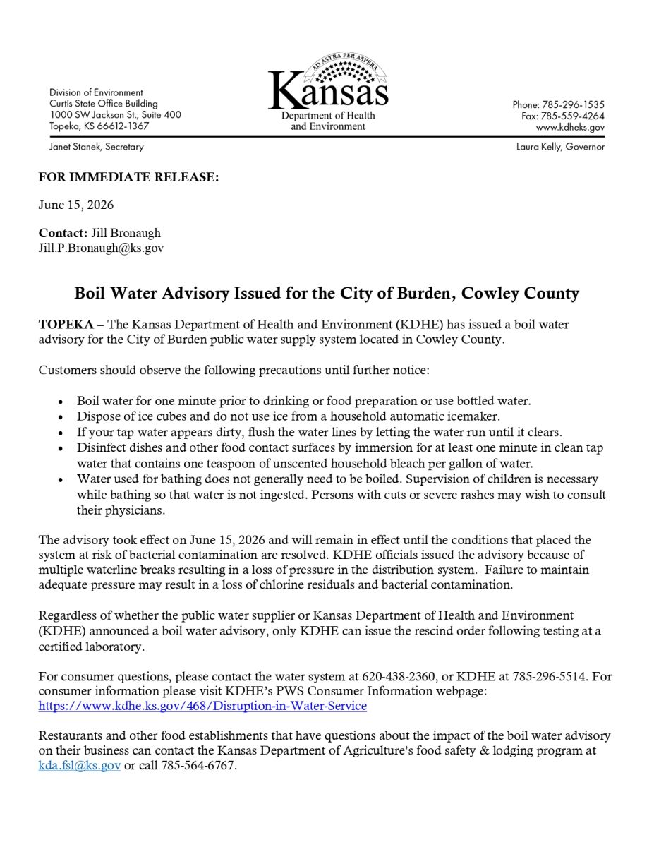 Boil Water Advisory Issued for the City of Burden, Cowley County 06/15/2026