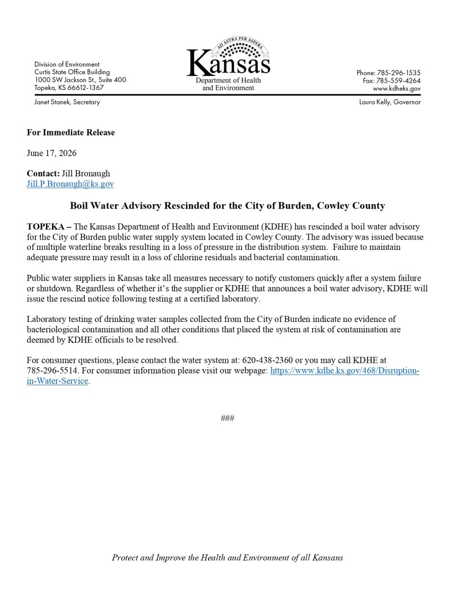 Boil Water Advisory Rescinded for the City of Burden, Cowley County 06-17-2026
